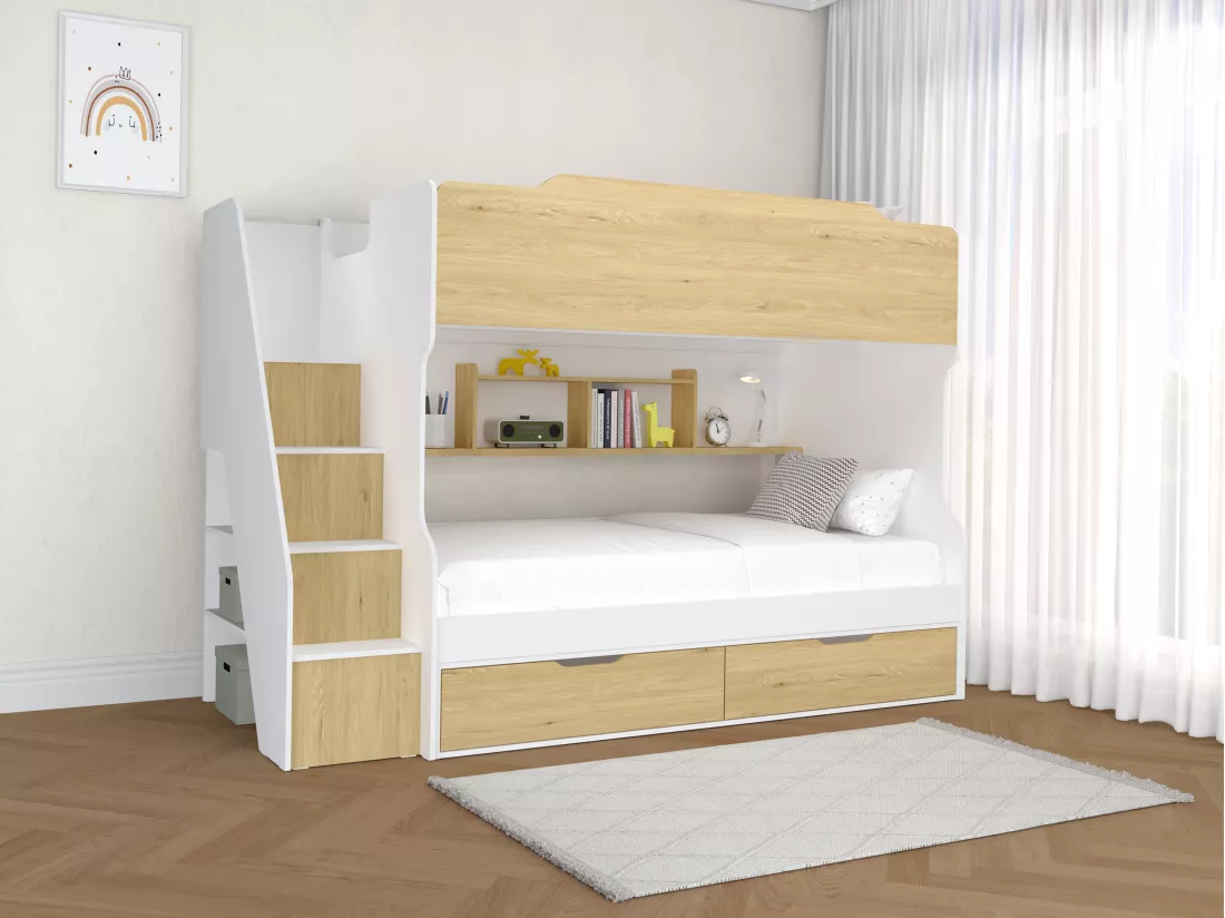 Lit superposé 90 x 190 cm - Avec rangements - Coloris : Blanc et naturel - YALOVA