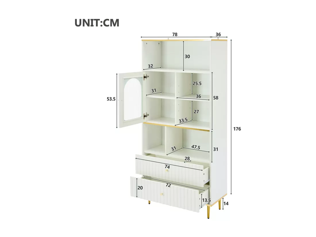 Vitrine H 190cm avec LED - 5 compartiments ouverts et 2 tiroirs - Blanc