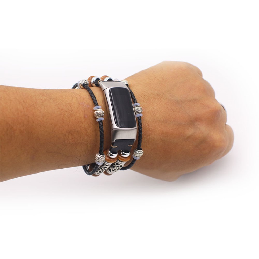 Fitbit Charge 6 / 5 Echtleder Fashion Armband (Gelenkumfang: 220mm) - Schwarz / Silber