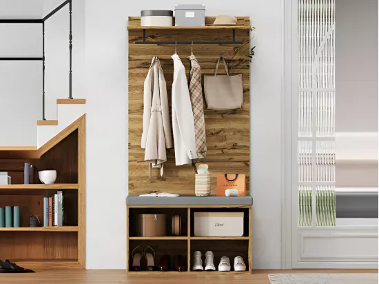 Vestiaire avec porte manteau et un banc à chaussures - étagères réglables - Naturel