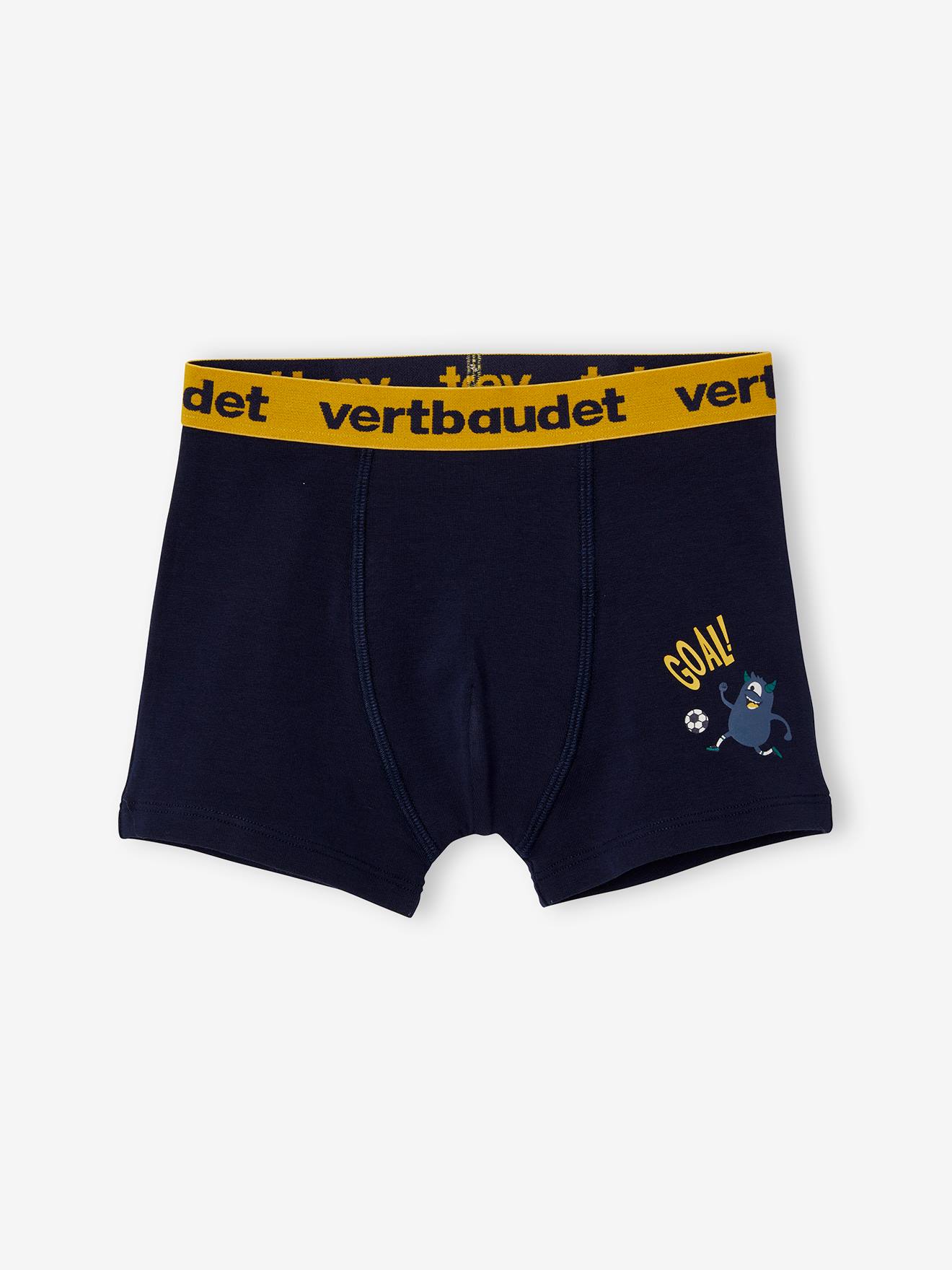 Pacote com 5 cuecas boxer elásticas com estampa de monstros para meninos, lisas, azul-escuras com detalhes.