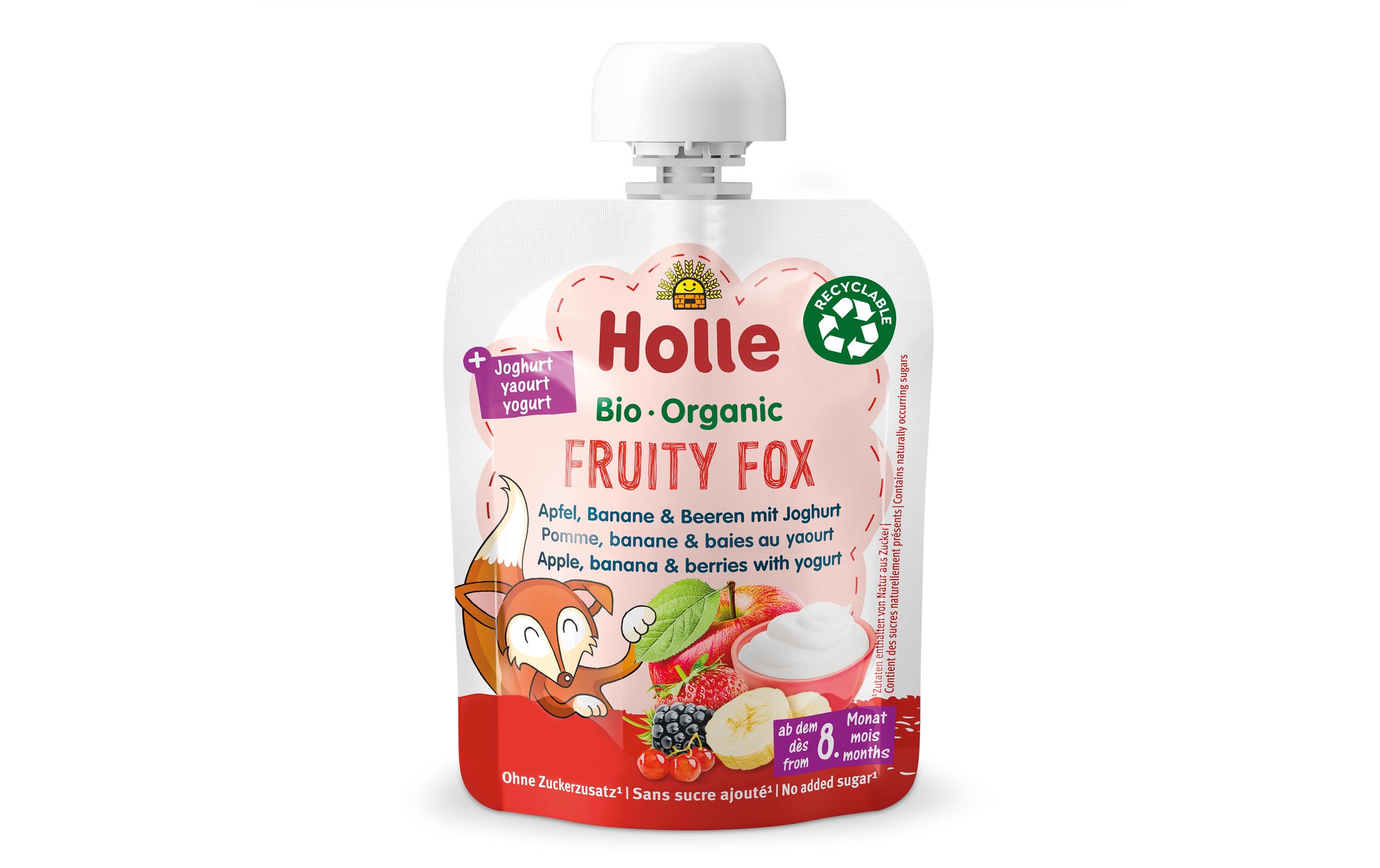 Quetschbeutel Fruity Fox 85 gPouchy aus Äpfel & Bananen und Beeren mit Joghurt