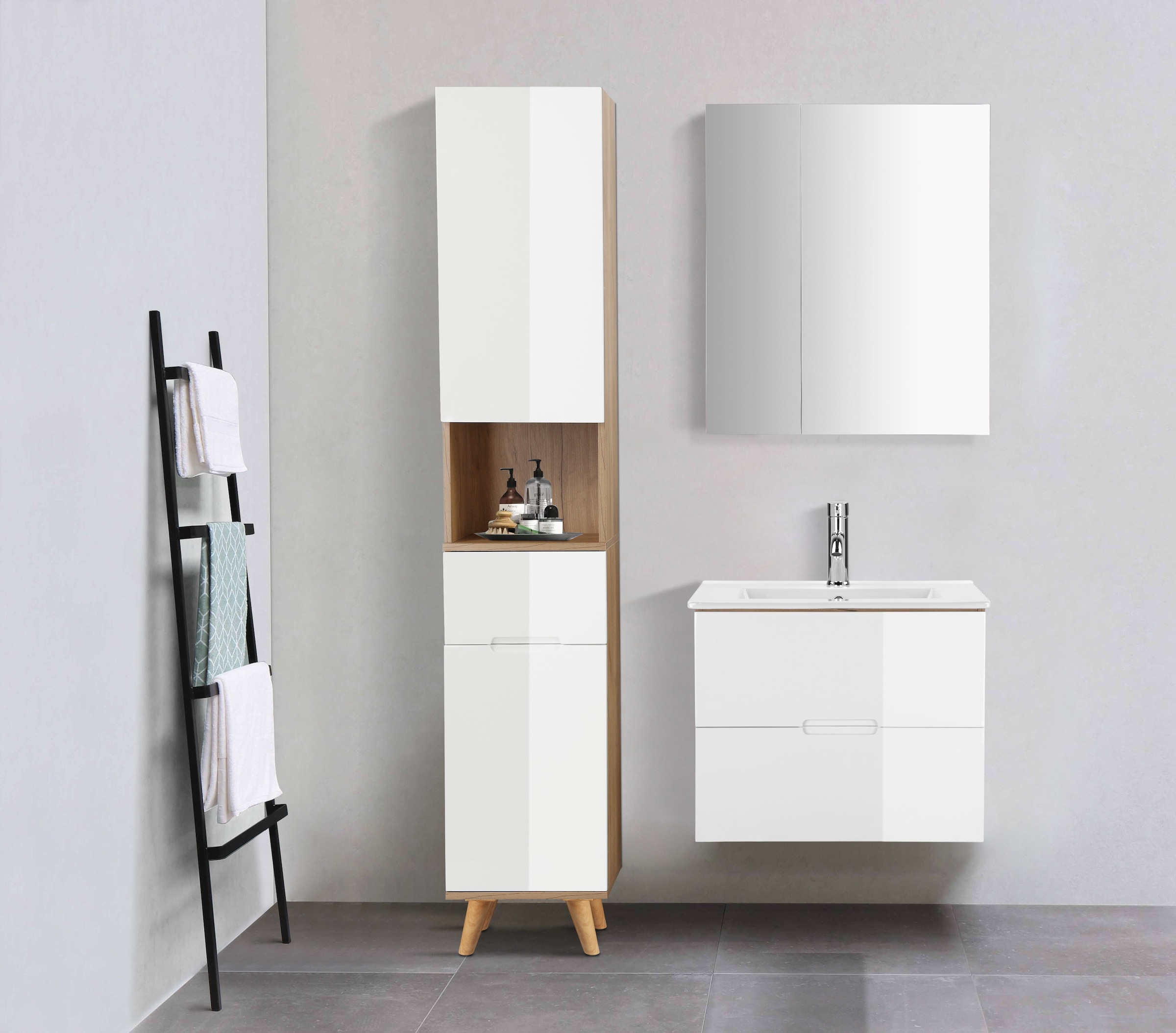 welltime Waschtisch »Lund Badmöbel Schrank Unterschrank mit Becken« Set,  Waschplatz mit 2 Auszügen und Waschbecken Breite 60cm