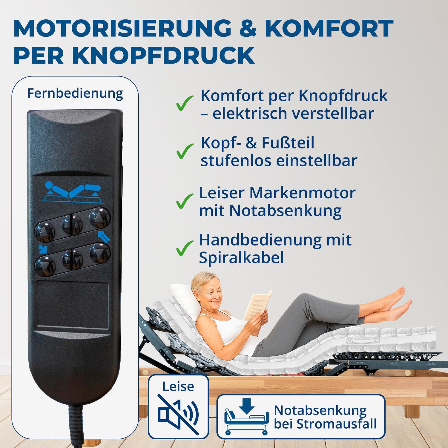 TELLERLATTENROST AEROBALANCE KF 120x200 cm, mit Motor, Kopf-Fußteil elektrisch verstellbar, fertig montiert Lattenrost mit Motor und Fernbedienung, Teller in drei Härtegraden Made in Germany