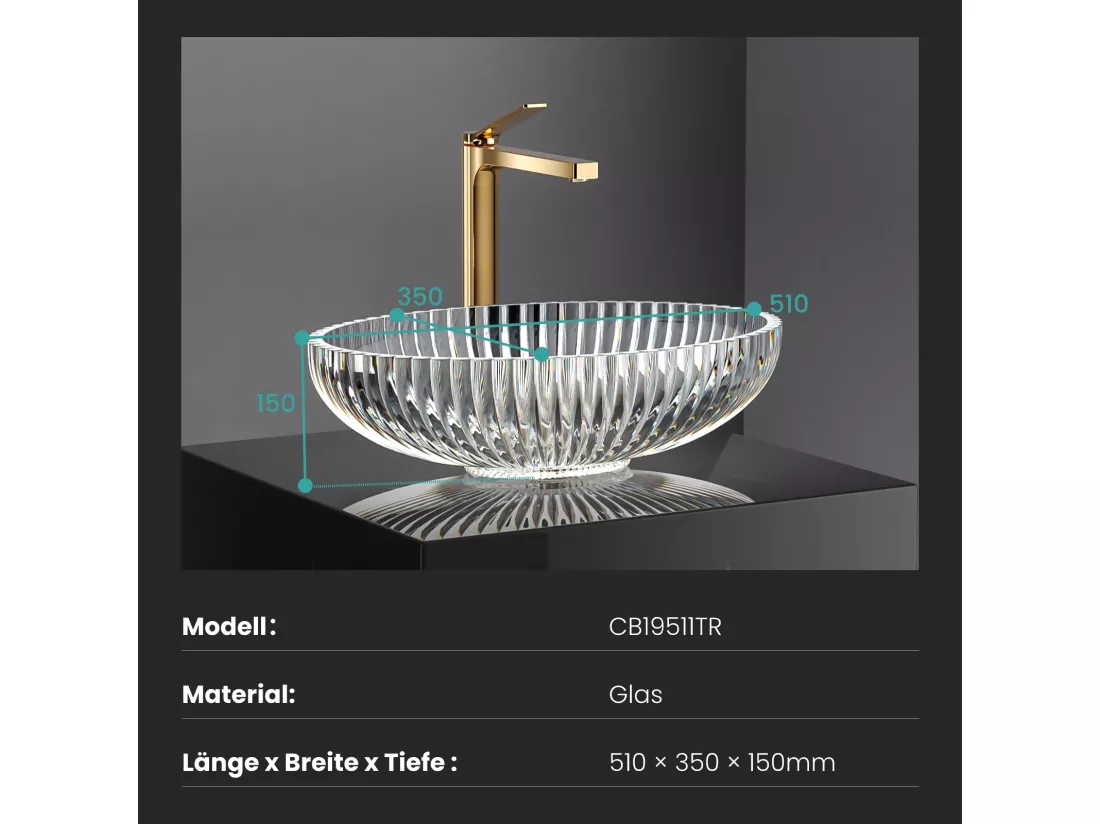 EMKE Vasque à Poser Ovale, 510 x 350 x 150 mm, Lavabo en Verre Transparent, Design Montage sur Comptoir
