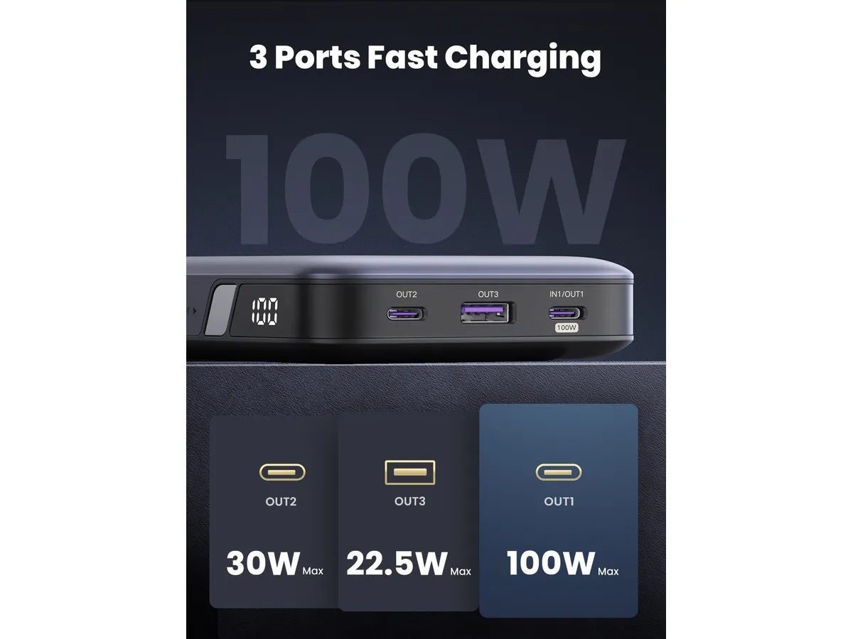 (100W) 20000mAh Dual USB C / USB A Powerbank Power Delivery Ladegerät mit LED Anzeige (25188) - Grau