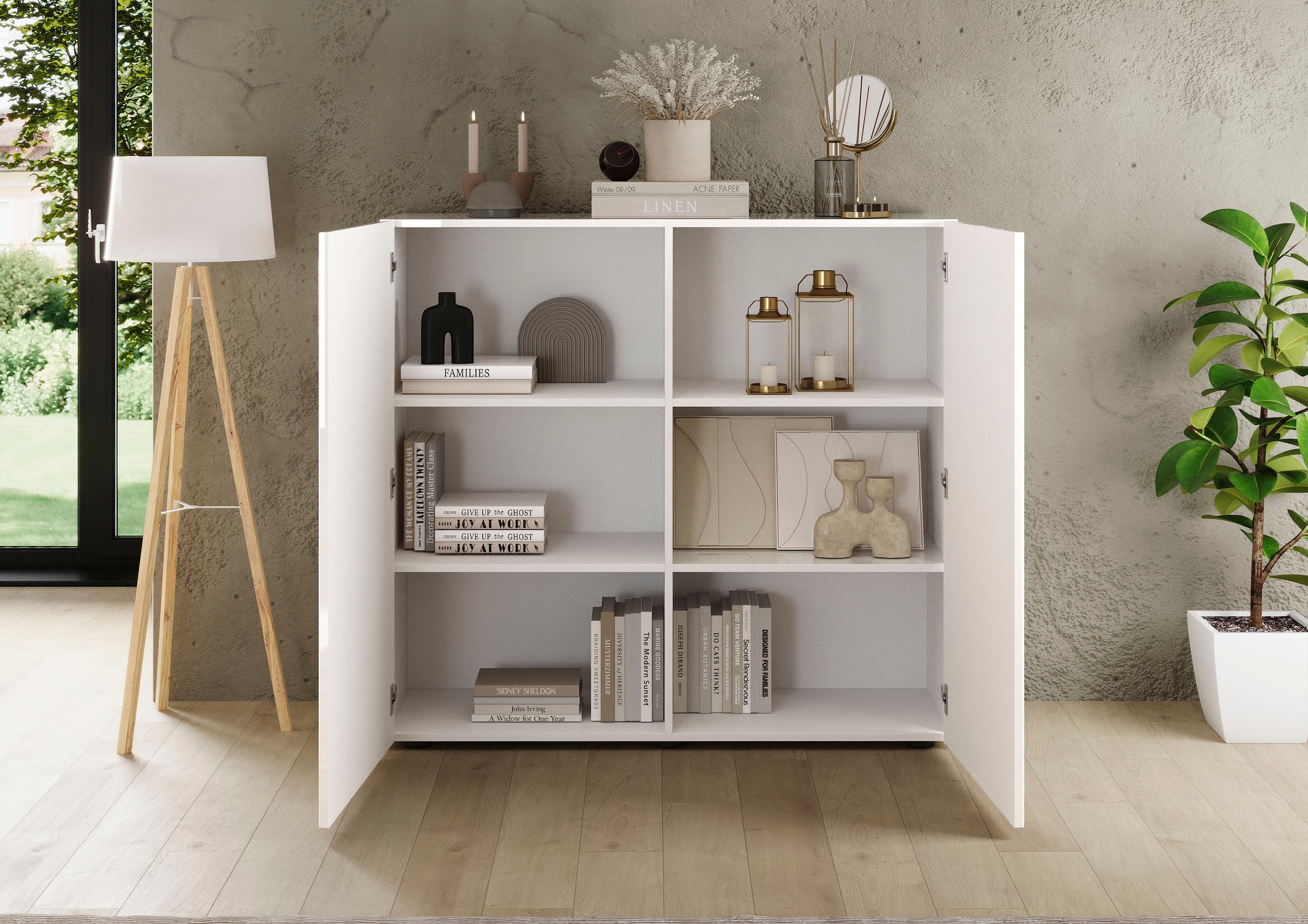 INOSIGN Highboard »Rio, Höhe 111 cm, Breite 120 cm, Stauraumschrank, Kommode, 2 Türen,« geriffelte MDF-Fronten, modern u. elegant, viel Stauraum