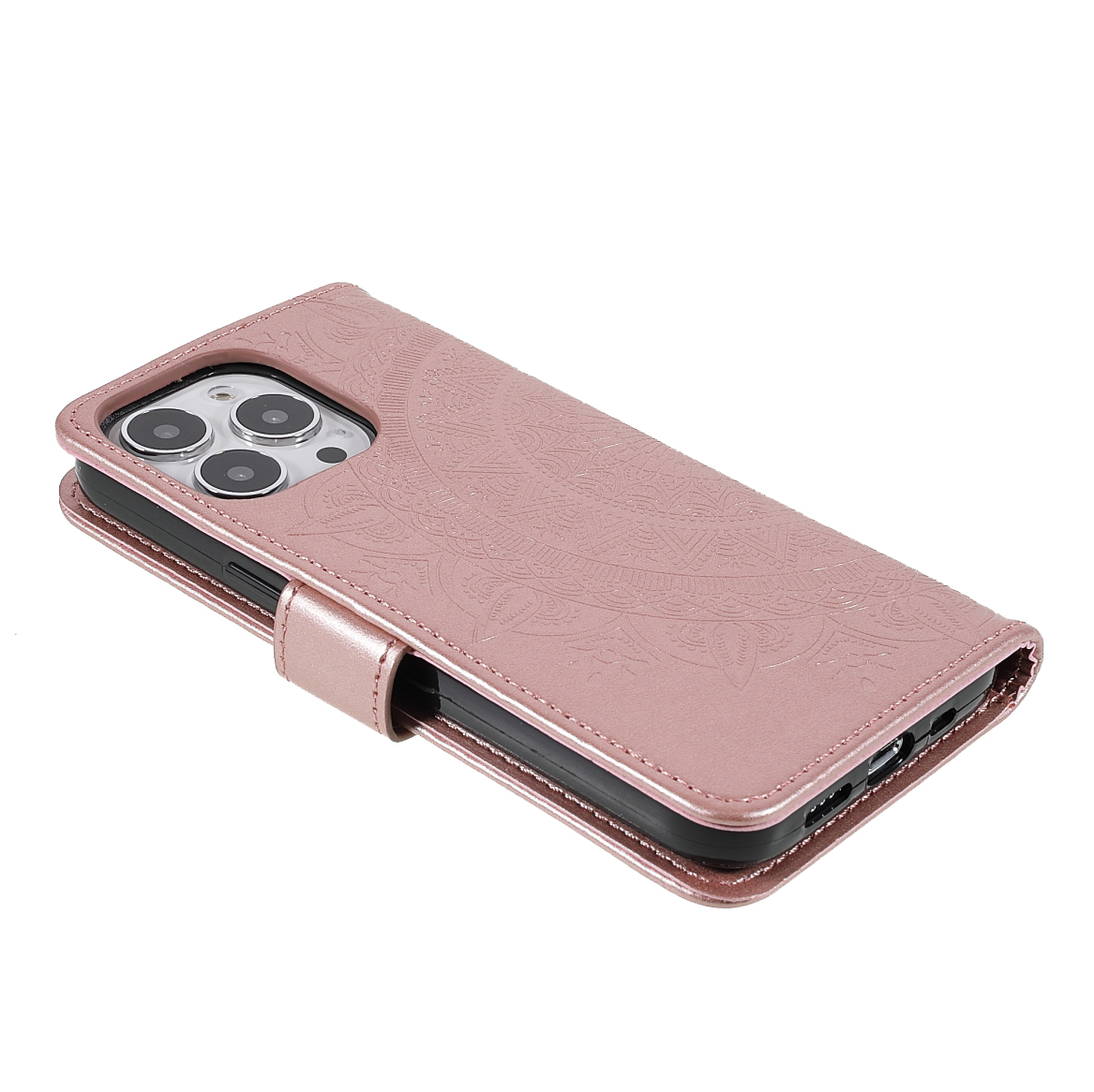 iPhone 13 Pro Leder Tasche Wallet - Mandala Flowers Imprint - Roségold