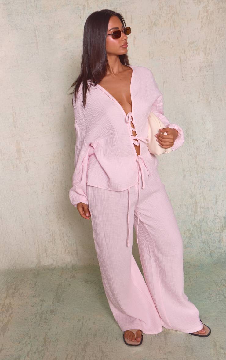 Rose Chemise Petite Texturée En Gaze De Coton Avec Liens À Nouer Devant - Ensemble Coordonné