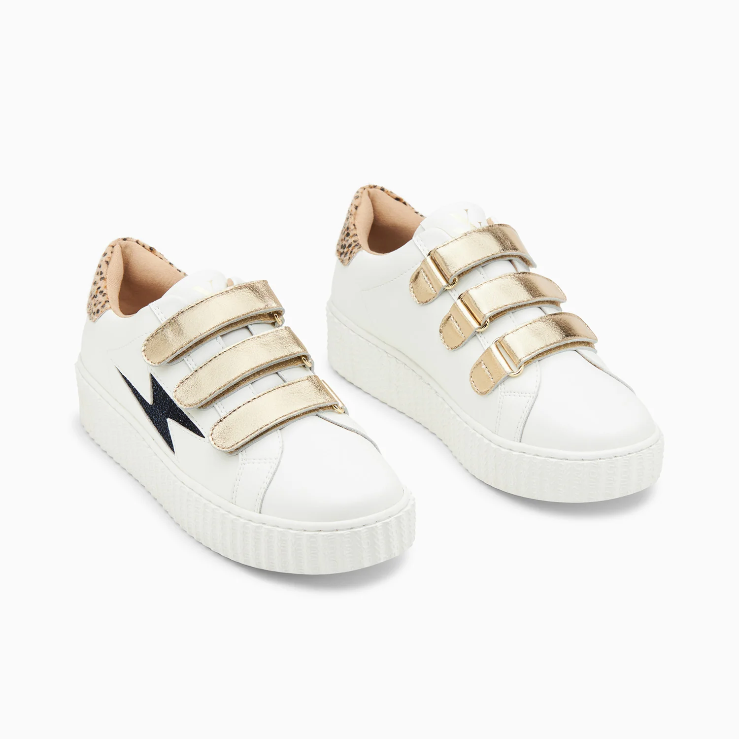 Sneakers-Baskets éclair Darine blanc et guépard à scratchs or