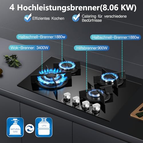 TopStrong Plaque de Cuisson Gaz 4 Feux, 60cm Plaque Gaz 4 Feux avec Sécurité Thermocouple, Cuisinière Encastrable, Naturel/Propane, 8060W, 220 240 V, Verre Noir : Gros électroménager
