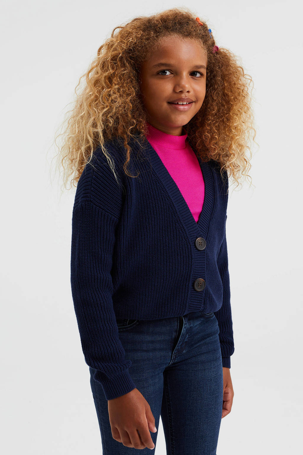 WE Fashion fijngebreid vest donkerblauw