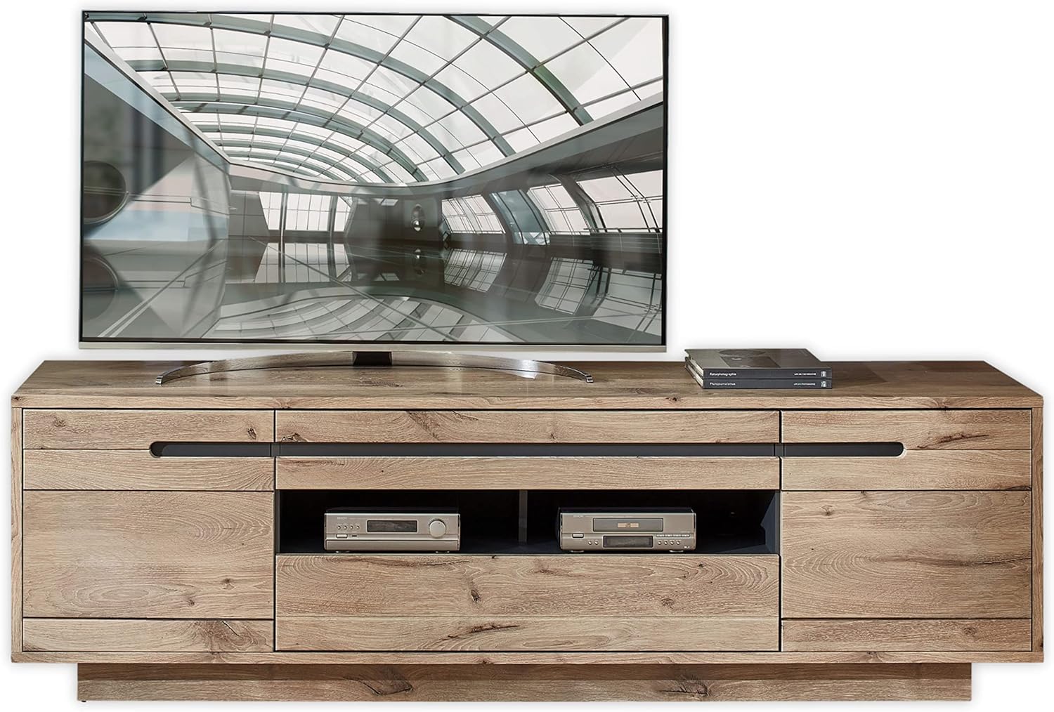 Stella Trading BELLANO TV-Lowboard in Viking Eiche Optik, Graphit - Moderner TV Schrank mit Schubladen und viel Stauraum für Ihr Wohnzimmer - 205 x 63 x 44 cm (B/H/T)