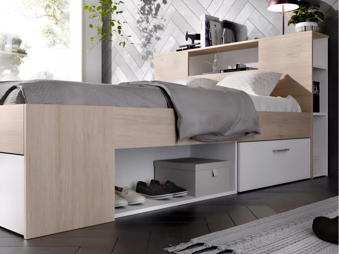 Lit avec tête de lit rangements et tiroirs - 160 x 200 cm - Coloris : Naturel et blanc - LEANDRE