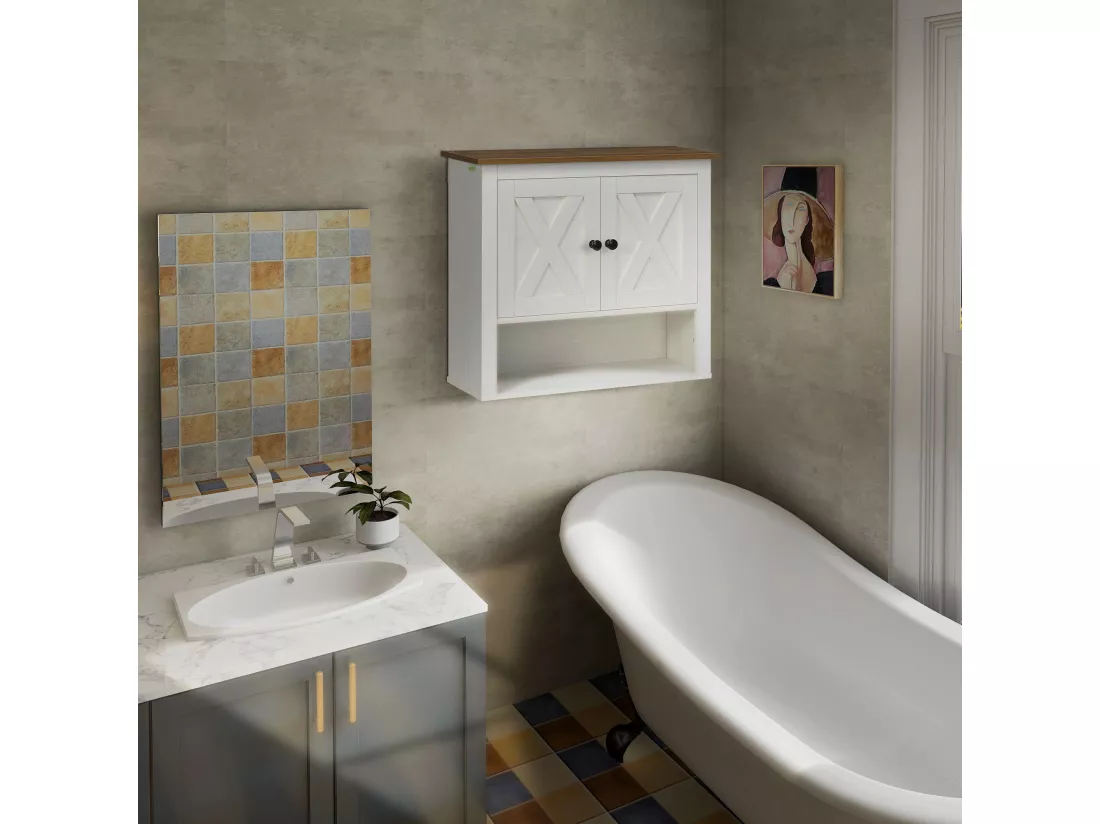 Armoire murale salle de bain style rustique chic - 2 portes, étagère, niche - effet bois noyer écru