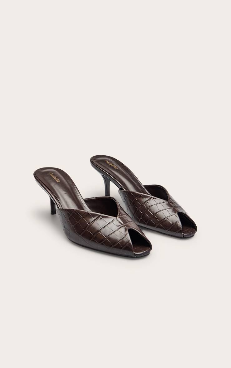 Chocolat Mules À Talons Bout Ouvert Découpe En V Effet Croco