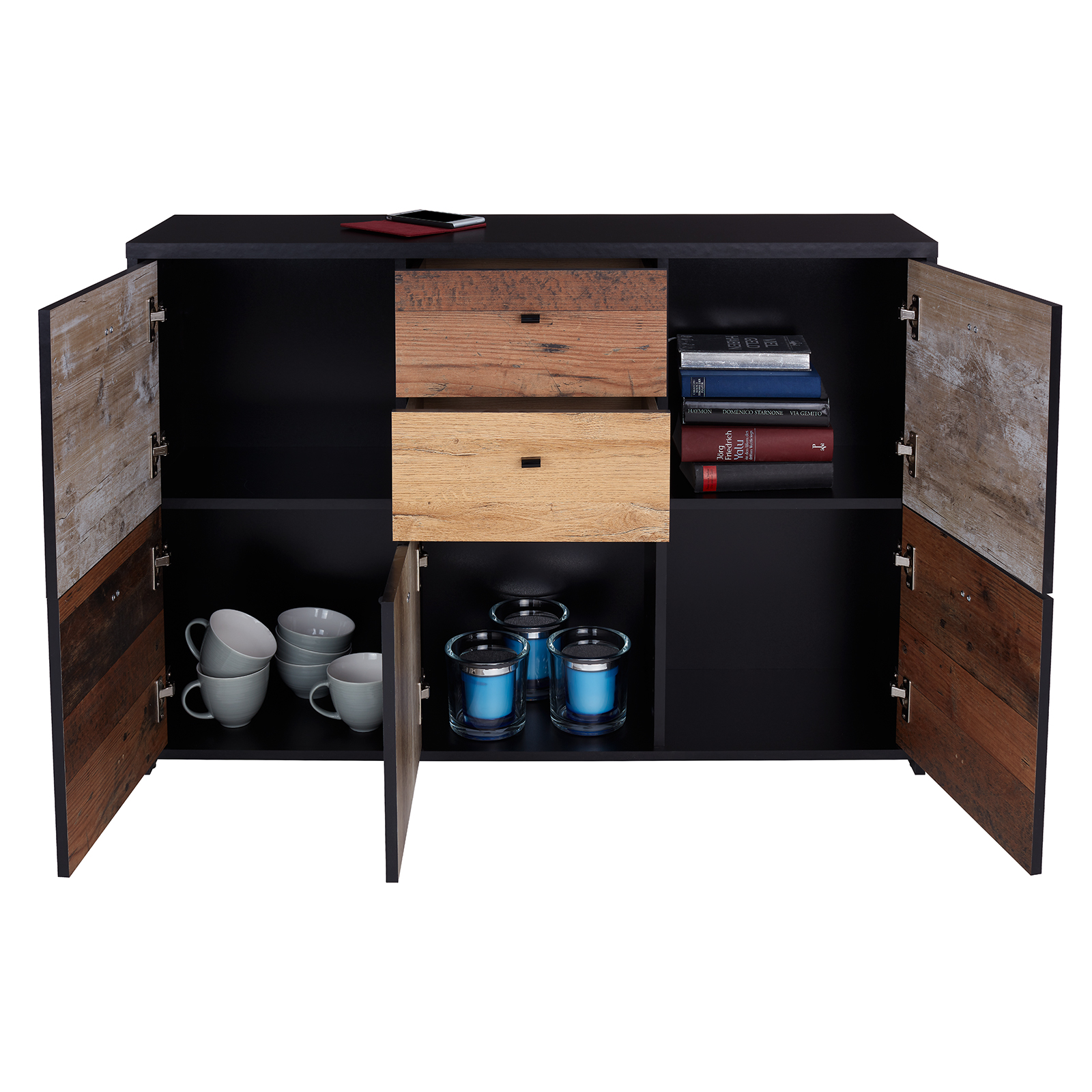 Kommode - Eiche-Pinie-schwarz - 114 cm breit