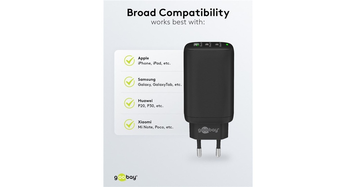 goobayUSB-C PD GaN Multiport snellader (65 W)  (Zwart, 2x USB-C, 1x USB-A, Power Delivery, QuickCharge)