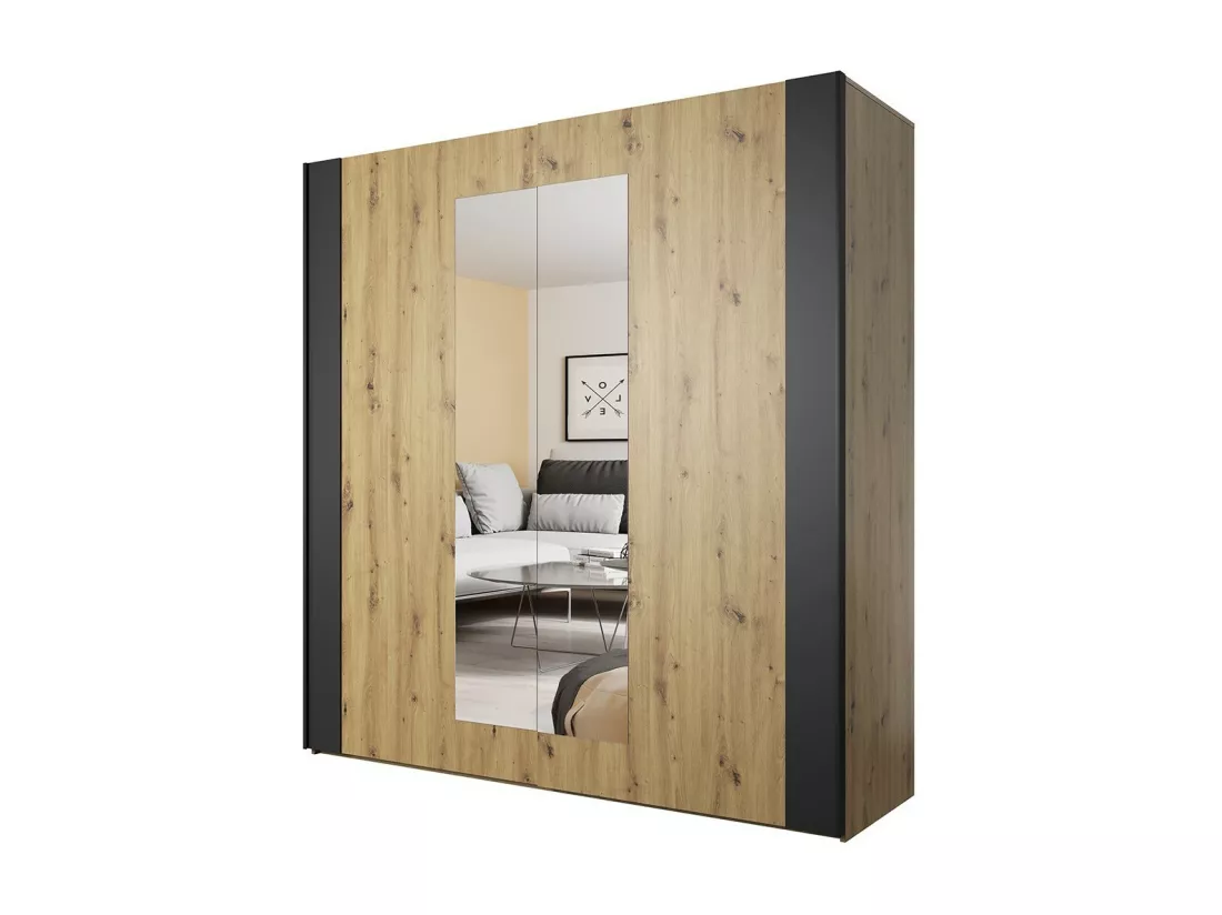 Chambre à coucher complète FOX : Armoire 200cm, Lit 180x200, commode, chevets. Couleur chêne clair et noir.