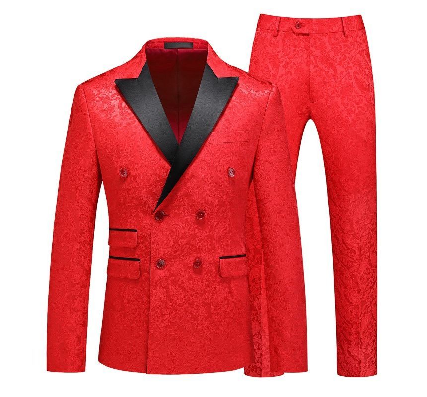 Sheck - Set: Peak Lapel Two Tone Paisley Double-Breasted Blazer + Mid Rise Straight Leg Dress Pants