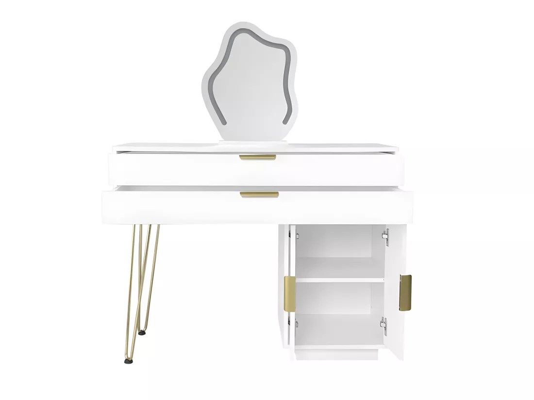 Coiffeuse avec miroir et éclairage LED - 2 tiroirs et une armoire amovible - Blanc (tabouret non inclus)