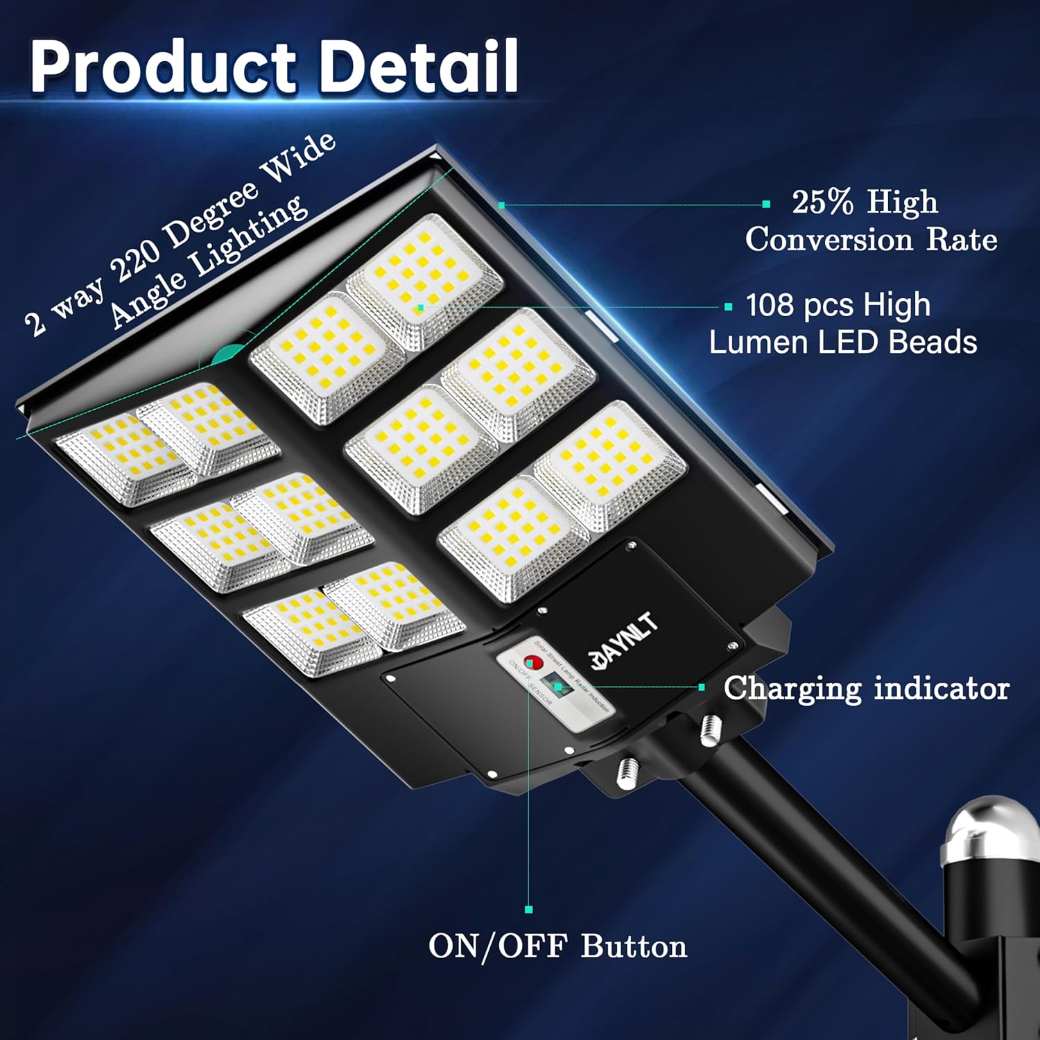 JAYNLT Y-2000W Solar Straßenlaterne für Außen, 20000LM 6500K LED Strahler, IP67 Wasserdichte Solarstrahler Mit Bewegungsmelder für Hof, Garage, Parkplatz