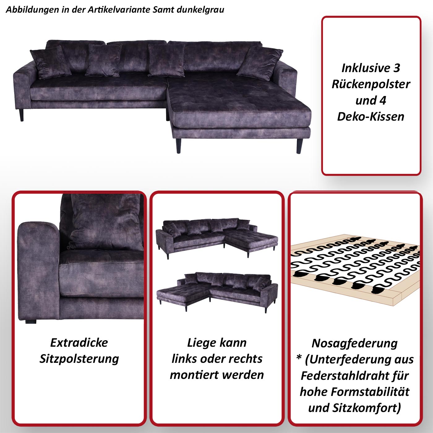 Ecksofa MCW-J54, Couch Sofa 3-Sitzer L-Form Liegefläche links/rechts 295cm ~ Samt blau
