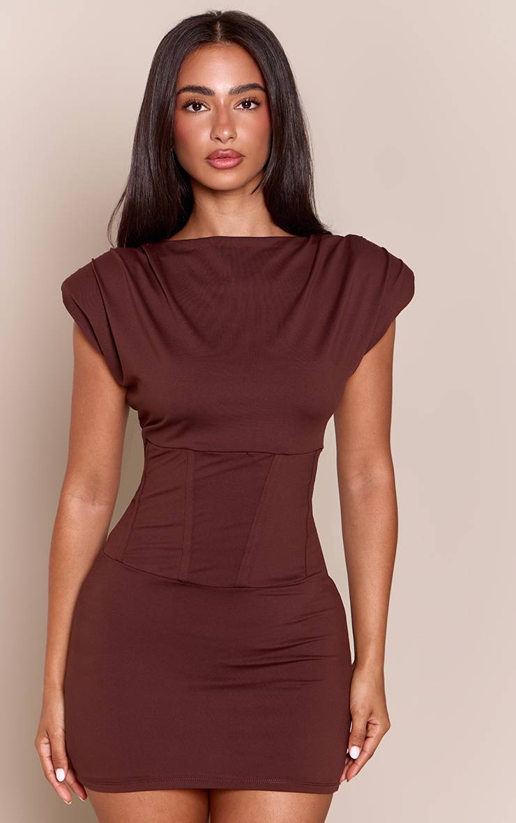 Chocolat Robe Moulante Mini Petite Avec Insert Corset Et Épaulettes