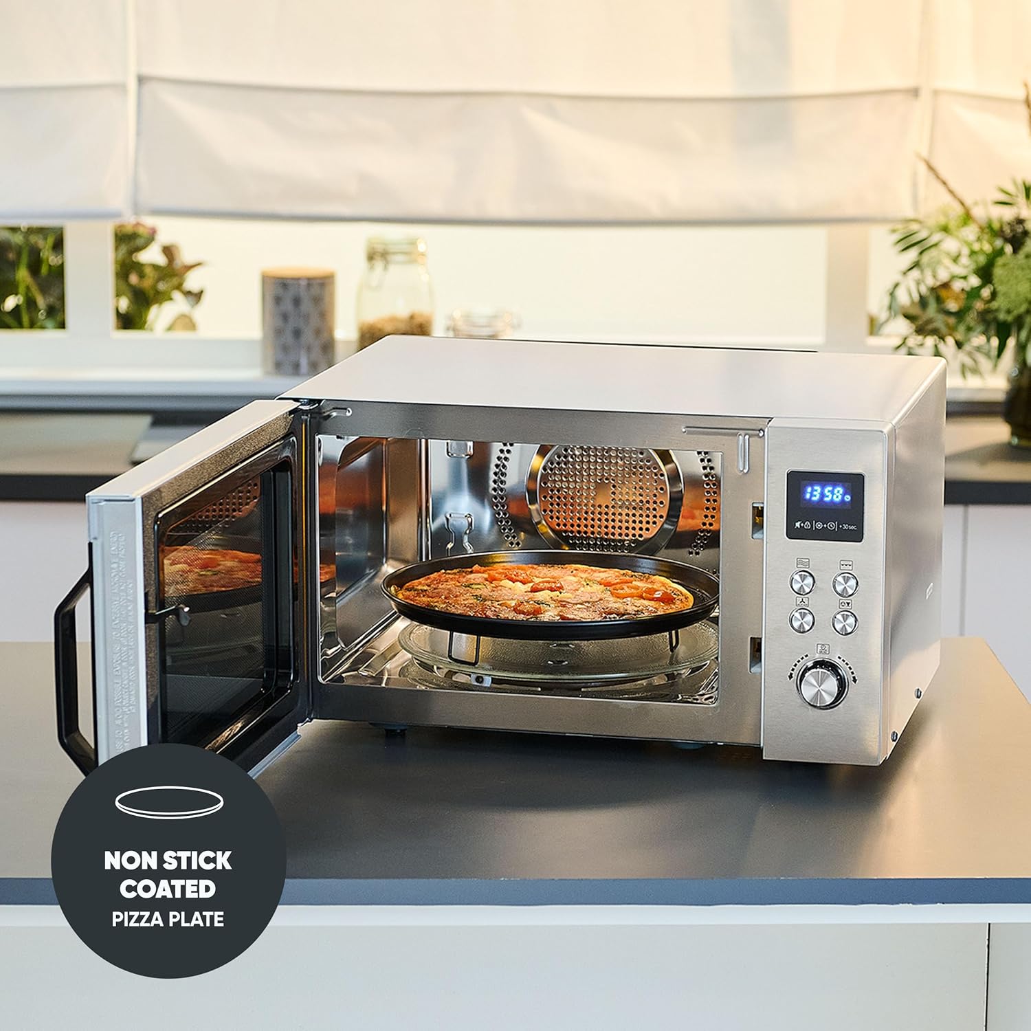 SEVERIN 4-in-1 Mikrowelle „Crispy Wave, Heißluft-Funktion bis 230°C, Heißluftfritteuse, Mikrowelle, Backofen & Grill, 95 min Timer, max. 2150 W Leistung, 25L, Silber/Edelstahl, MW 7982