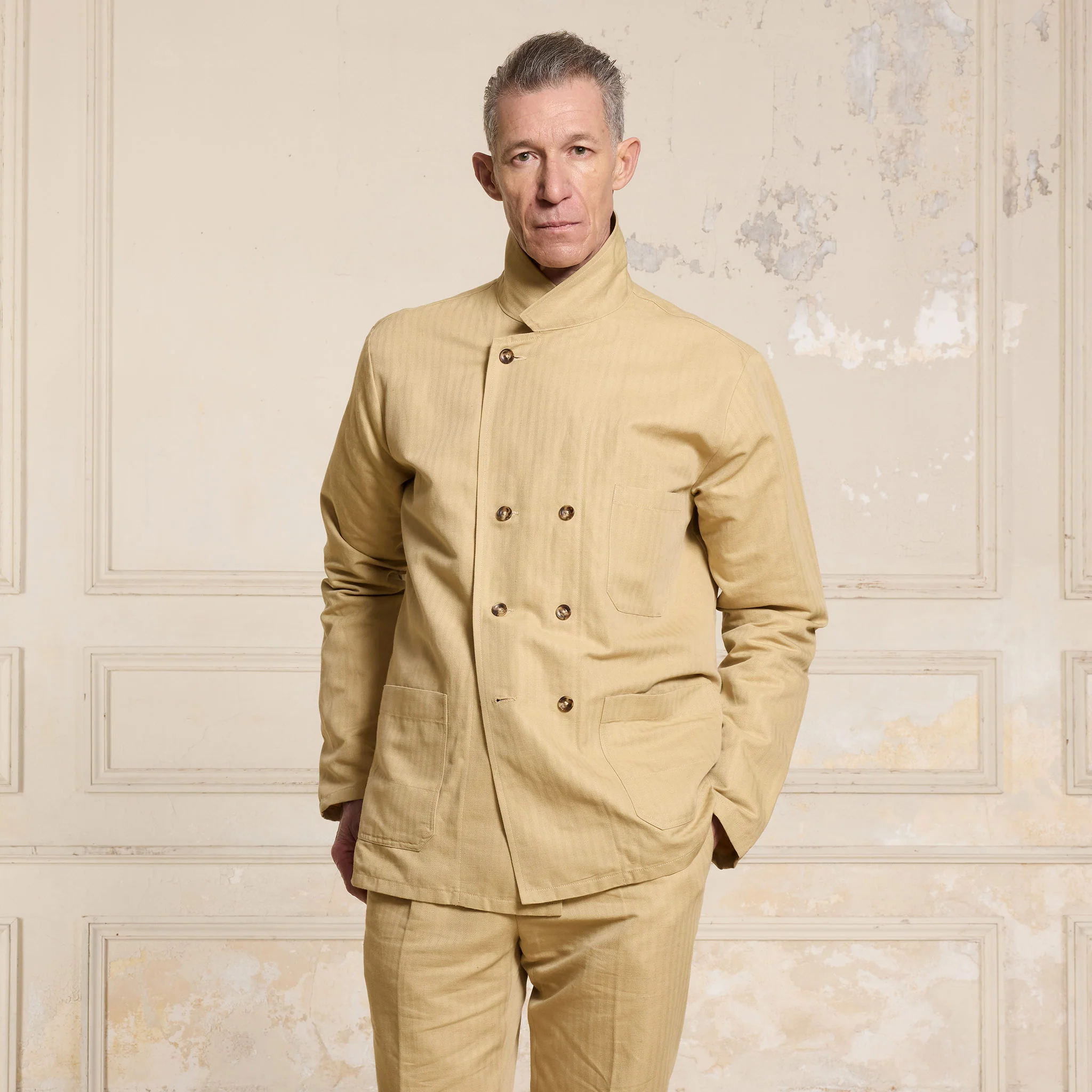 Beige cotton and linen double-breasted work jacket