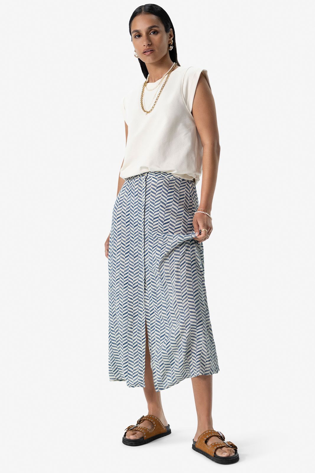 Blauwe midi rok met print