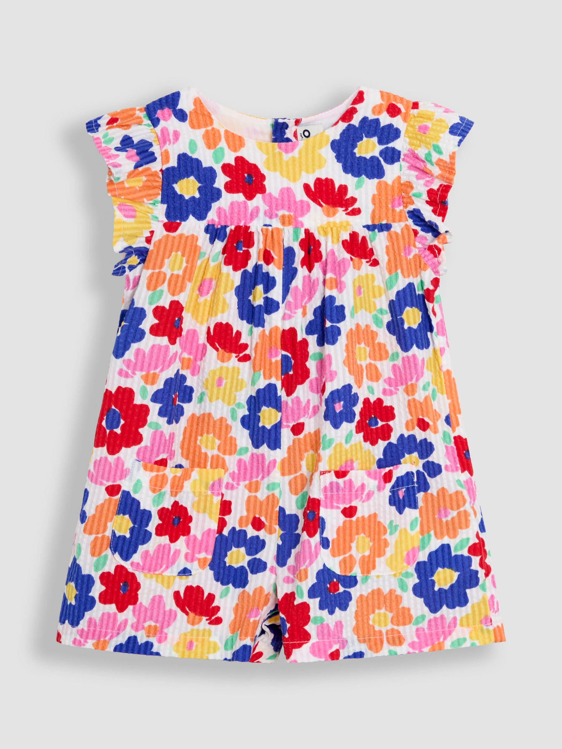 Bright Fuchsia Floral Seersucker - JoJo Maman Bébé Frill Sleeve 100% Cotton Playsuit