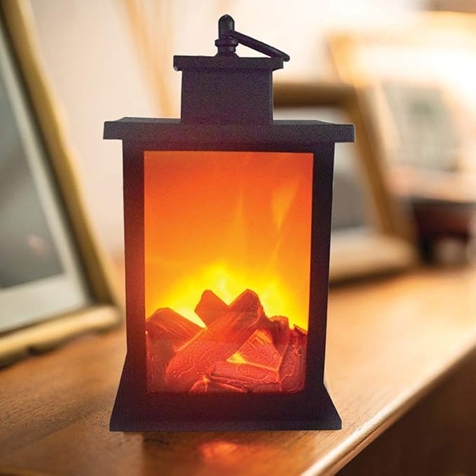 (25x14cm) Kunststoff LED Tisch Kamin Home Deko Laterne Künstliche Cheminée Feuerstelle Windlampe (Batteriebetrieben) - Schwarz