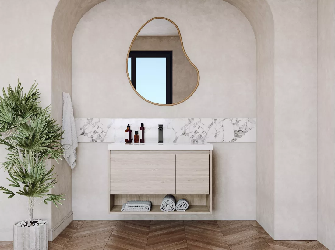 Meuble de salle de bain suspendu simple vasque coloris naturel clair - 90 cm - PUJUKA