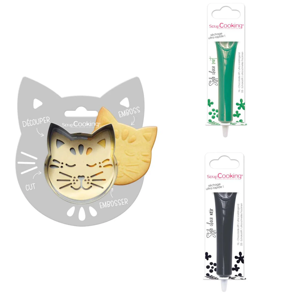 Kit pour biscuit en relief Chat + 2 Stylos au chocolat vert et noir Sc