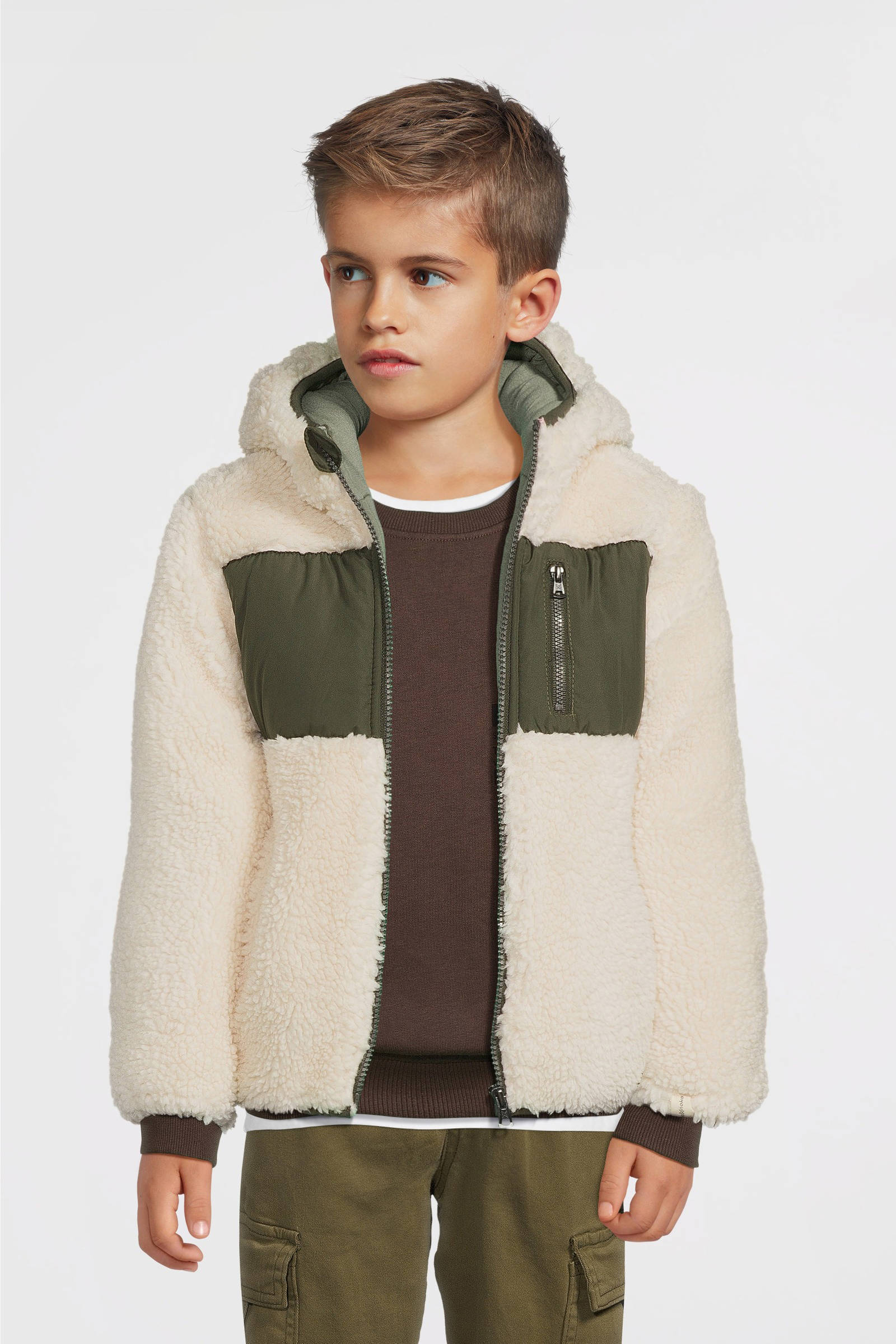 Koko Noko teddy winterjas wit/olijfgroen