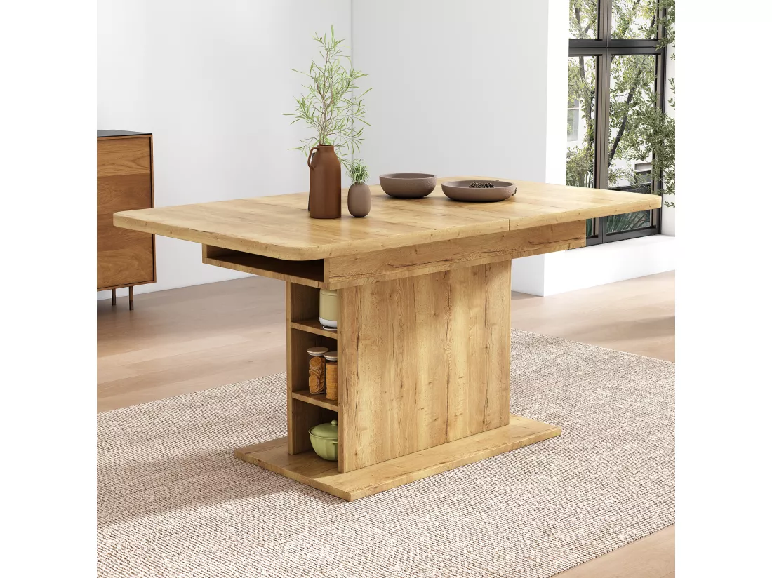 Table à manger extensible 4 à 6 couverts avec étagères de rangement - 110/130 x 70 x 75 cm - Panneaux de particules - Naturel