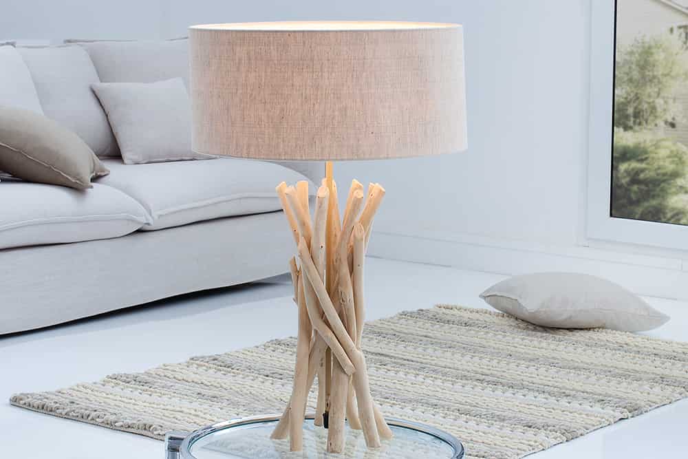 Design Treibholz Tischleuchte WILD NATURE 62cm sand mit Leinenschirm