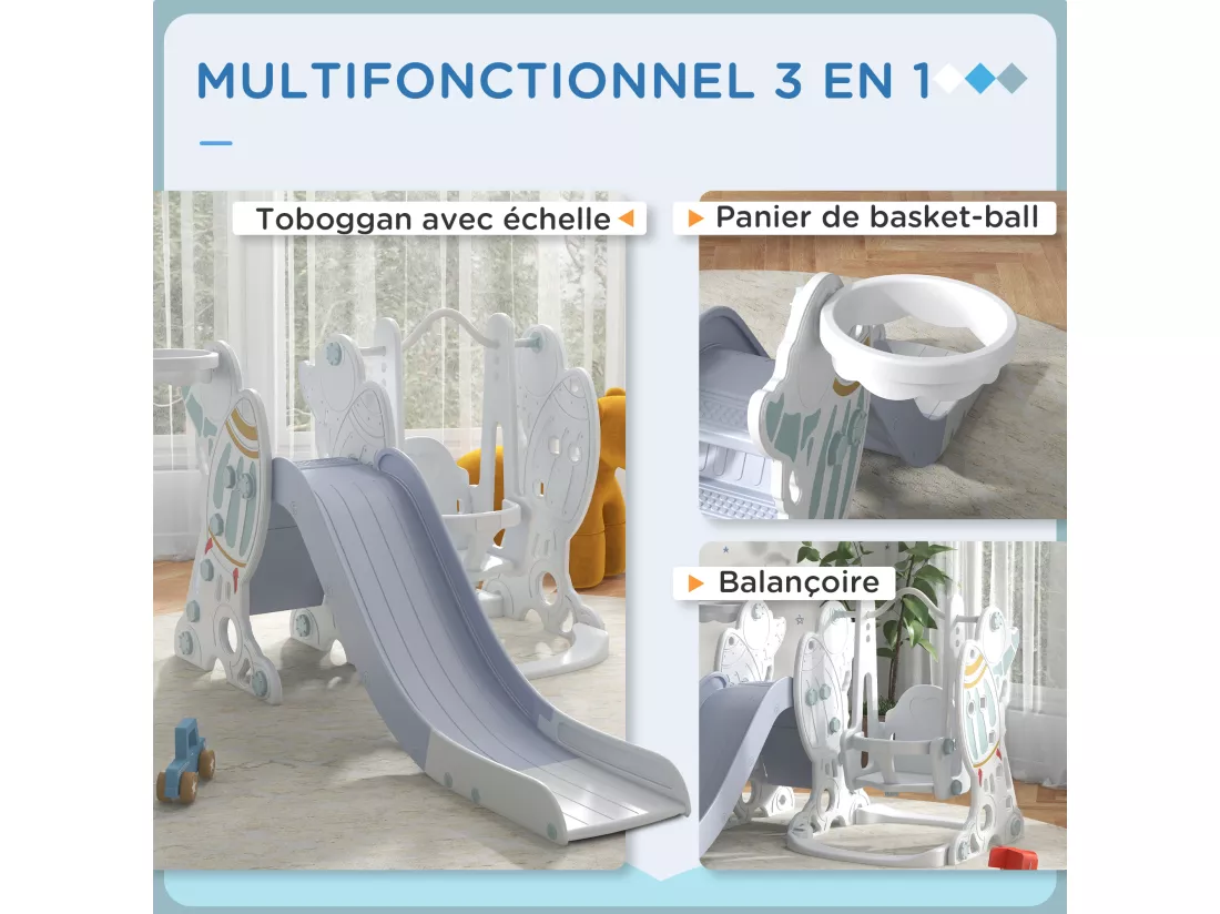 Portique enfant toboggan et balançoire avec panier de basket-ball - aire de jeux 3 en 1 - usage intérieur extérieur - blanc gris