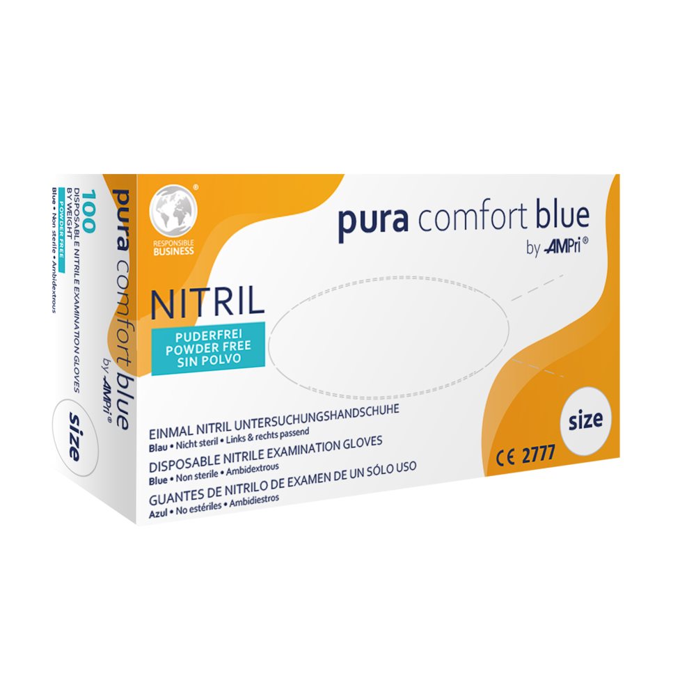 Ampri Nitril Einweg Handschuhe Pura Comfort<br>100 Stück, Box, M, latexfrei blau