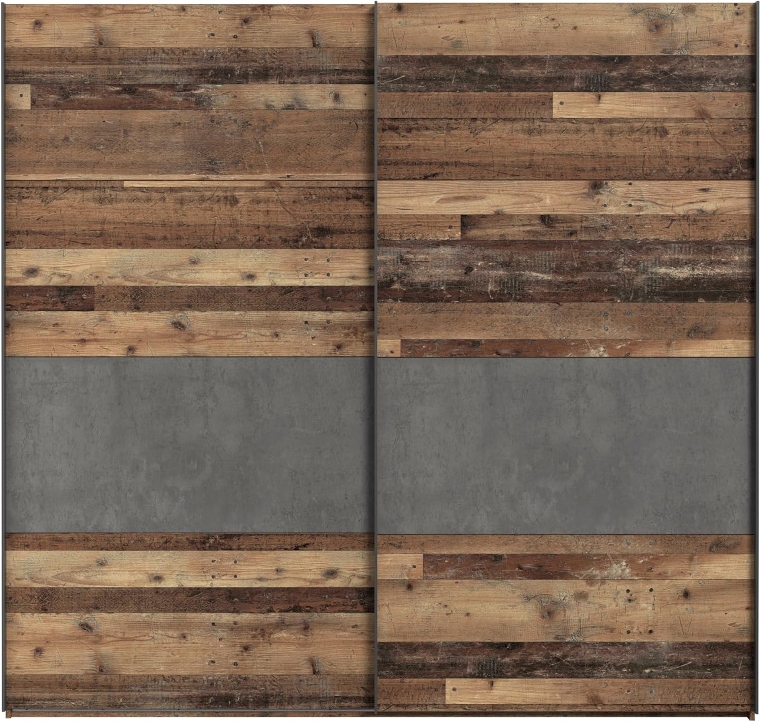 FORTE Clif Schrank 220, Kleiderschrank, Schwebetürenschrank Vintage Schlafzimmer 2-türig, Holzdekor: Old – Wood Vintage/Betonoptik Dunkelgrau, 220 cm breit x 210.5 cm hoch x 61 cm tief