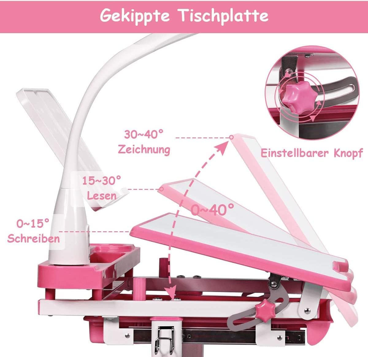 COSTWAY Kinderschreibtisch höhenverstellbar, Schülerschreibtisch mit Lampe, Kindermöbel neigungsverstellbar, Kindertisch mit Stuhl, Schreibtisch mit Schublade, Farbewahl (Hellrosa)