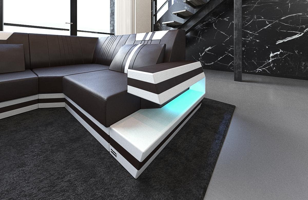 Wohnlandschaft Ravenna Sofa U Form Ledersofa - mit LED Beleuchtung, verstellbare Kopfstützen, Recamiere/Lederfarben wählbar/Ausrichtung wählbar (Ottomane Links, Braun-Weiß)