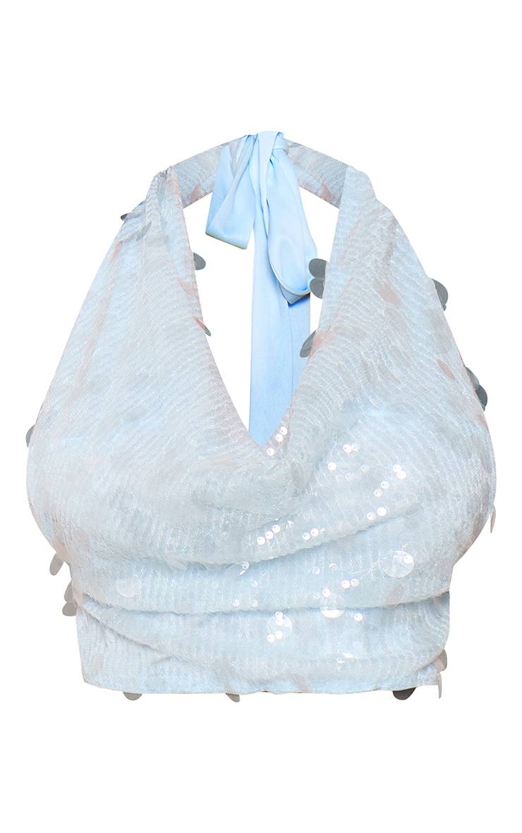 Bleu Top Col Bénitier À Sequins Disques