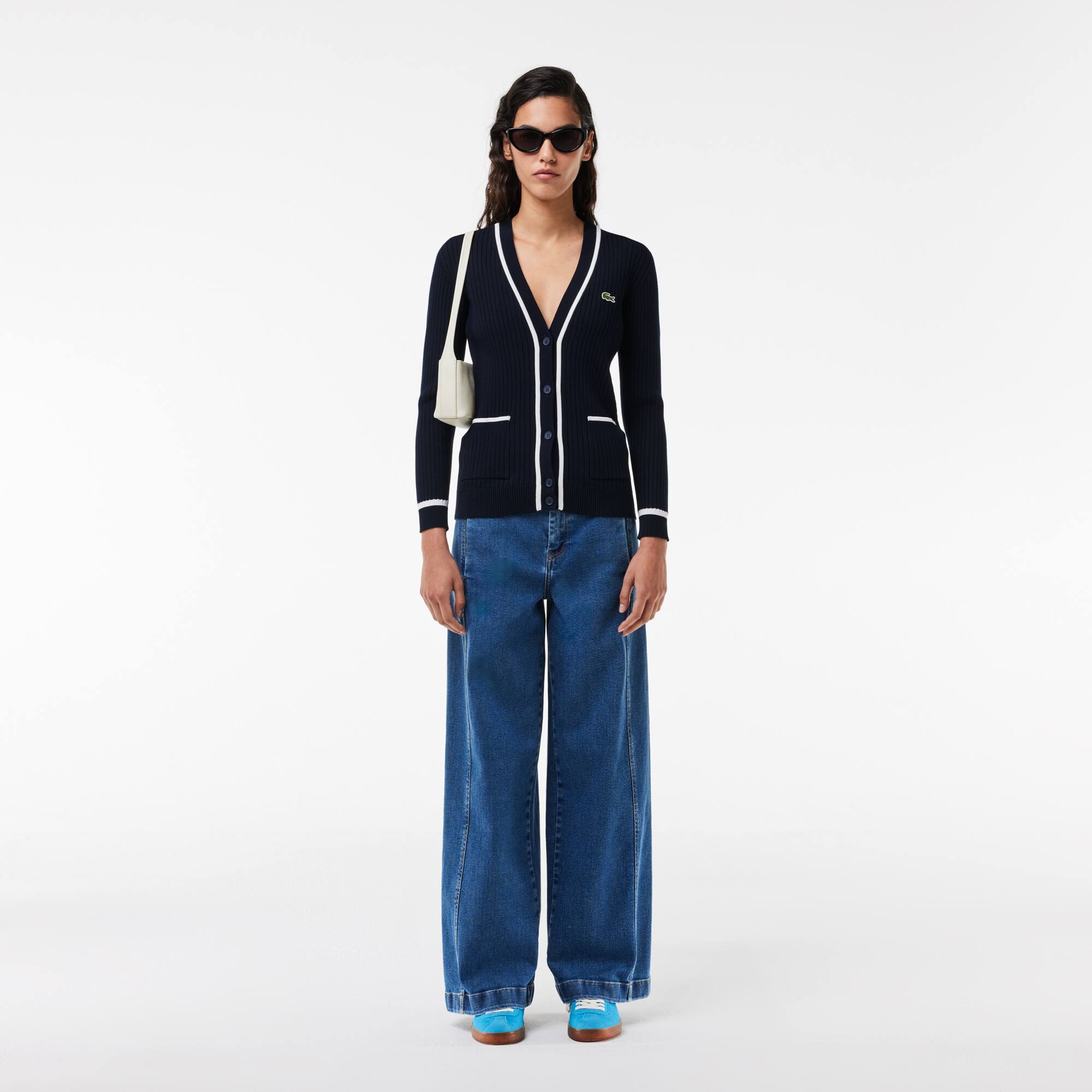 Cardigan mit V-Ausschnitt aus 3D-Strickware Pullover - Blau - Lacoste - Damen