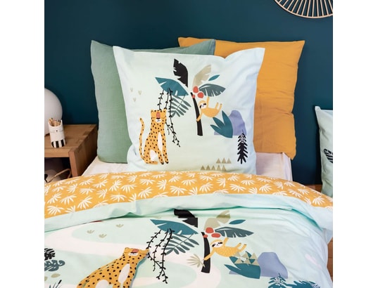 COTE DECO - Ensemble couette + 1 oreiller Parure de lit enfant jungle avec animaux à scratcher - 100...