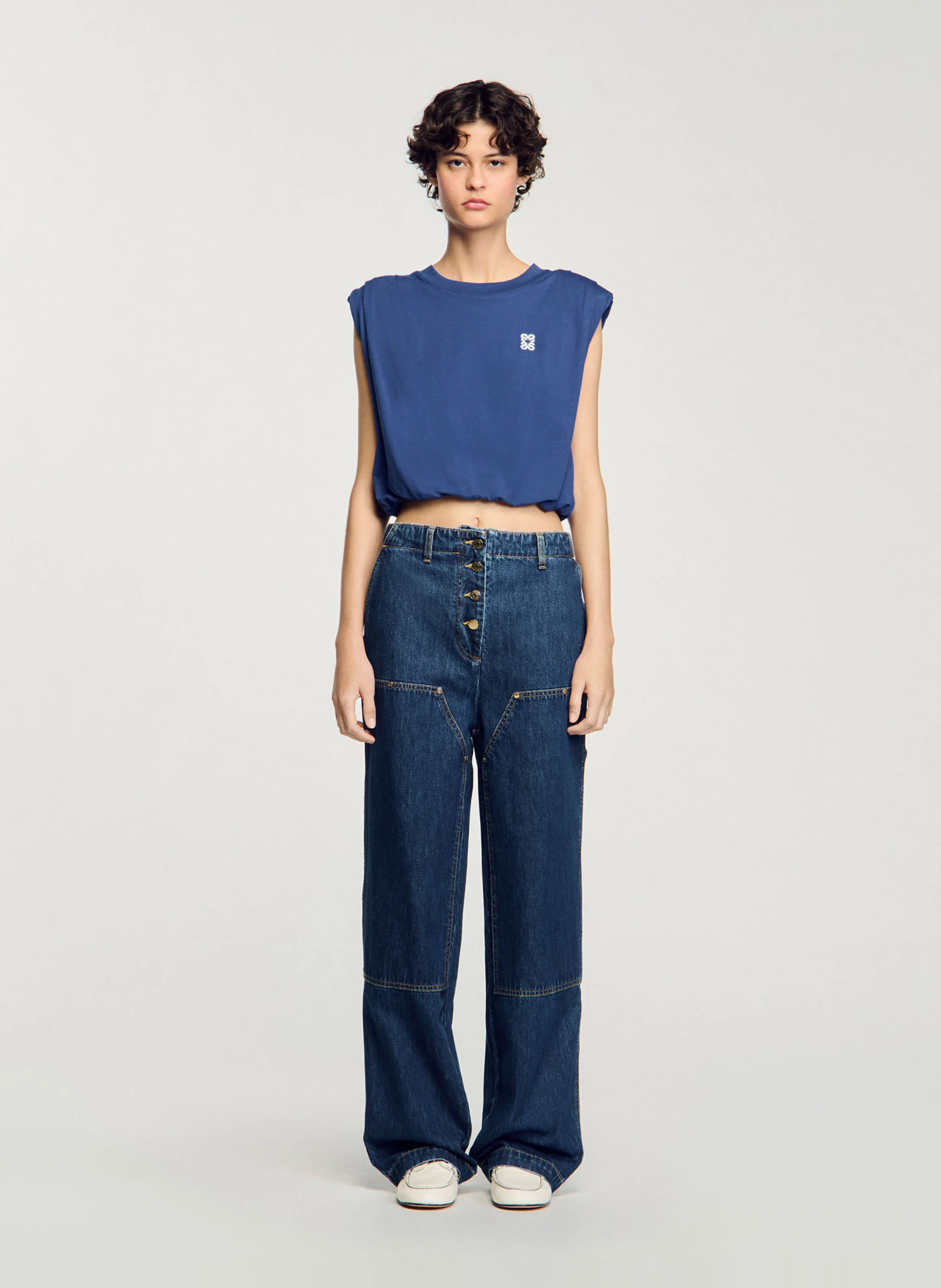 Tee-shirt court drapé en coton | Bleu
