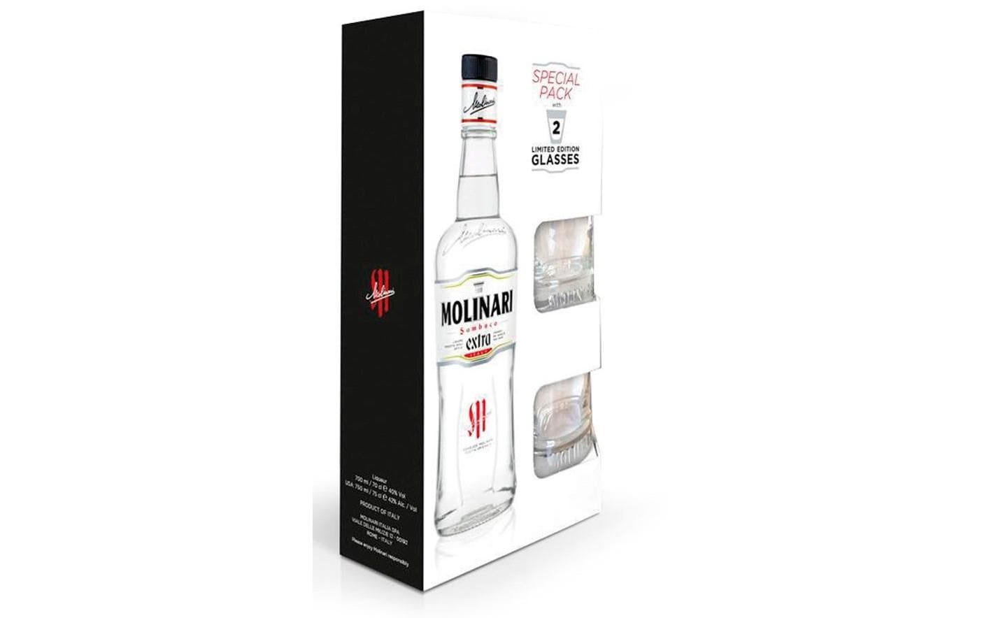 Geschenkset Sambuca Extra 0.7 l & 2 GläserGeschenkbox mit Italienischem Sternanis-Likör und zwei Gläsern