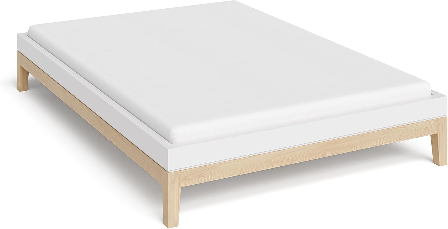 skølm Freyr Bett 140x200 cm, Holzbett weiß/Natur Scandi Style, Doppelbett aus Birke Massivholz und MDF, Bettgestell ohne Kopfteil, Maße: H 32 x B 146 x T 206 cm – B-Ware