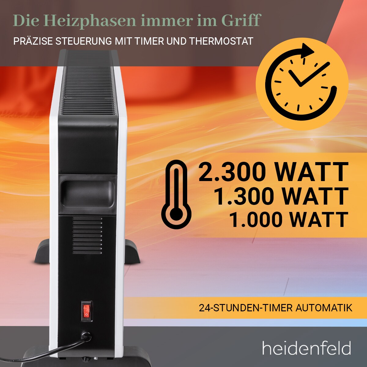 Heidenfeld Konvektorheizung EK100, Standgerät oder Wandmontage, 1000-2300 Watt, Timer, bis 40 m²
